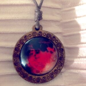 Red wood round pendant necklace